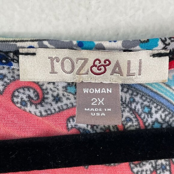 Roz & Ali Womens Plus 2X Paisley Drape Neck Top Stretch Shirt Short Sleeve - Picture 3 of 9